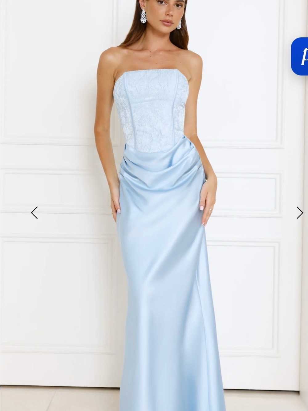 Hello Molly Strapless Light Blue Satin & Lace Maxi Dress